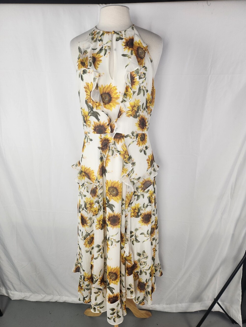WHBM Sunflower Ruffle Halter Midi Dress Size 12 NWT Cottagecore Garden Party